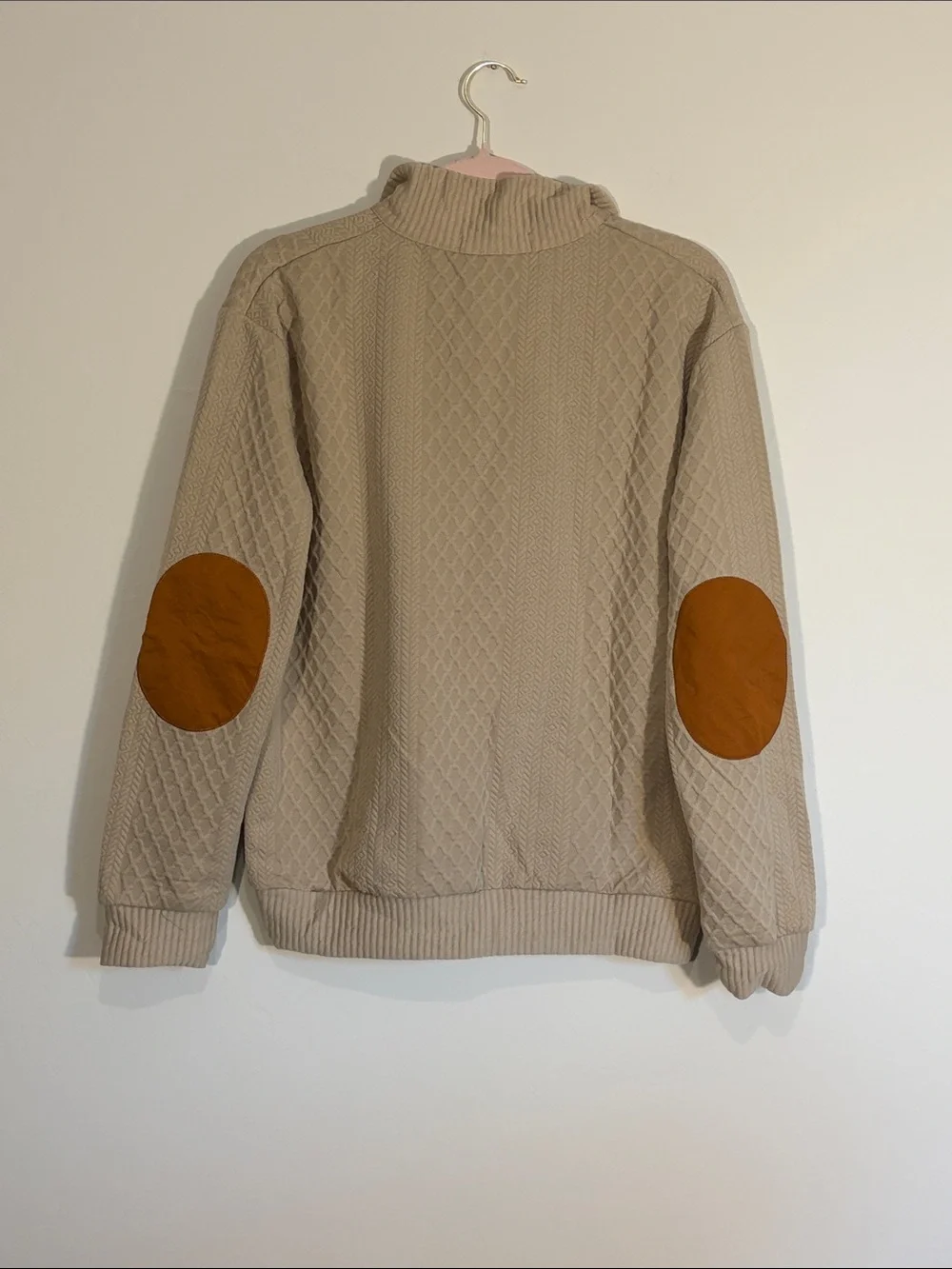 Cross & Crown Men's Beige Quilted Half-Button Pullover with elbow patches S